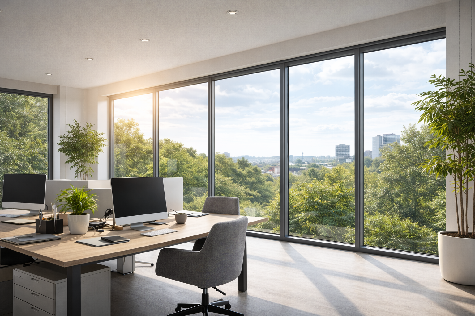 Modernes Bürogebäude mit großen Glasflächen